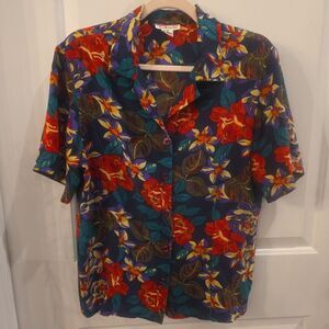 TALBOTS 100% Silk Floral Button-up Size 10 Hawaiian Resortwear Beach Cruise‎ VTG